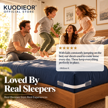 Family enjoying a bed with blue sheets in a KUODIEOR® Grip™ customer review graphic featuring real sleep experiences.