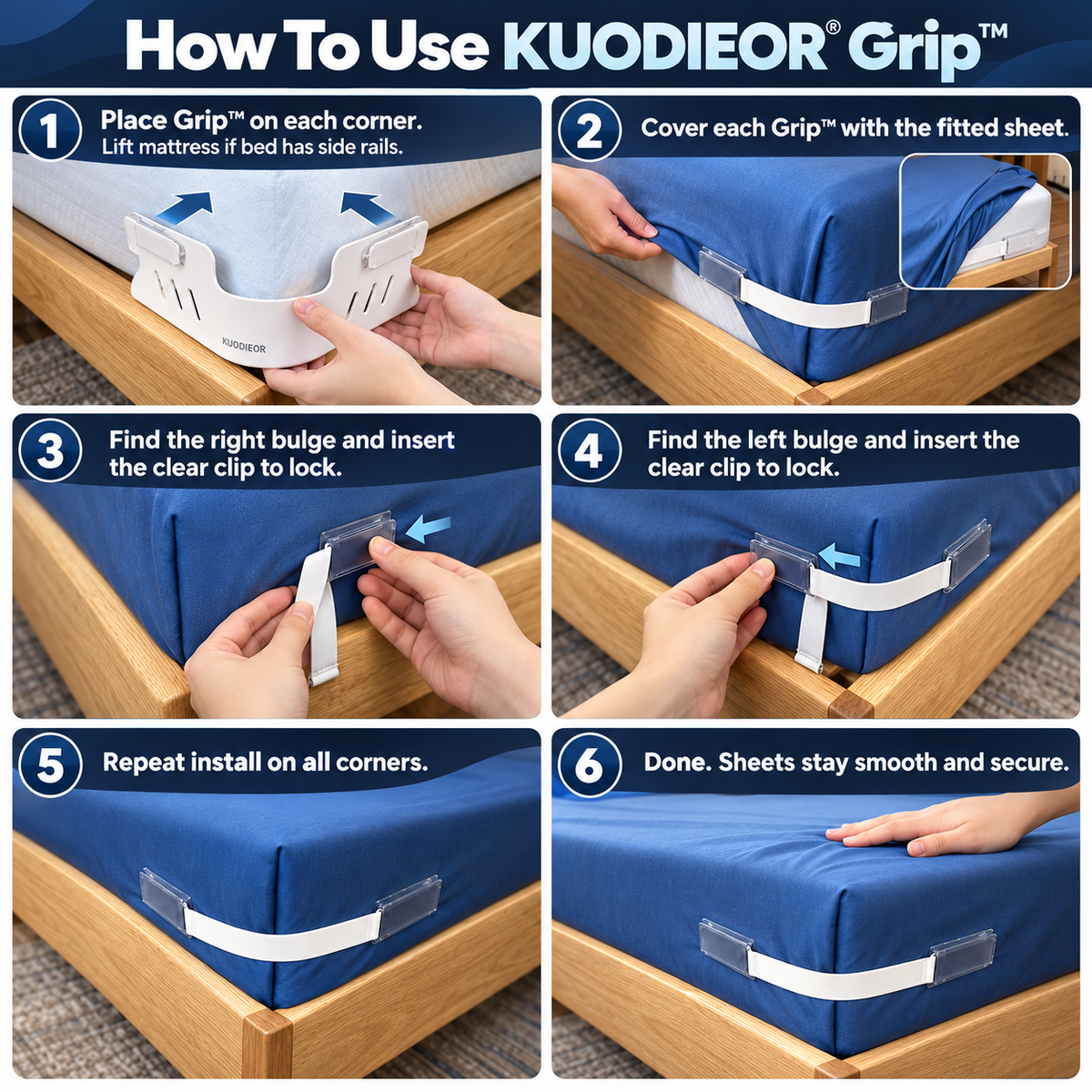 Six-step guide showing how to install and use KUODIEOR® Grip™ bed sheet holders to secure a fitted sheet.