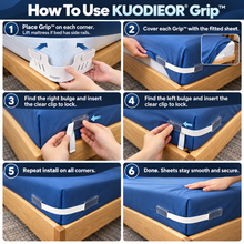 Six-step guide showing how to install and use KUODIEOR® Grip™ bed sheet holders to secure a fitted sheet.