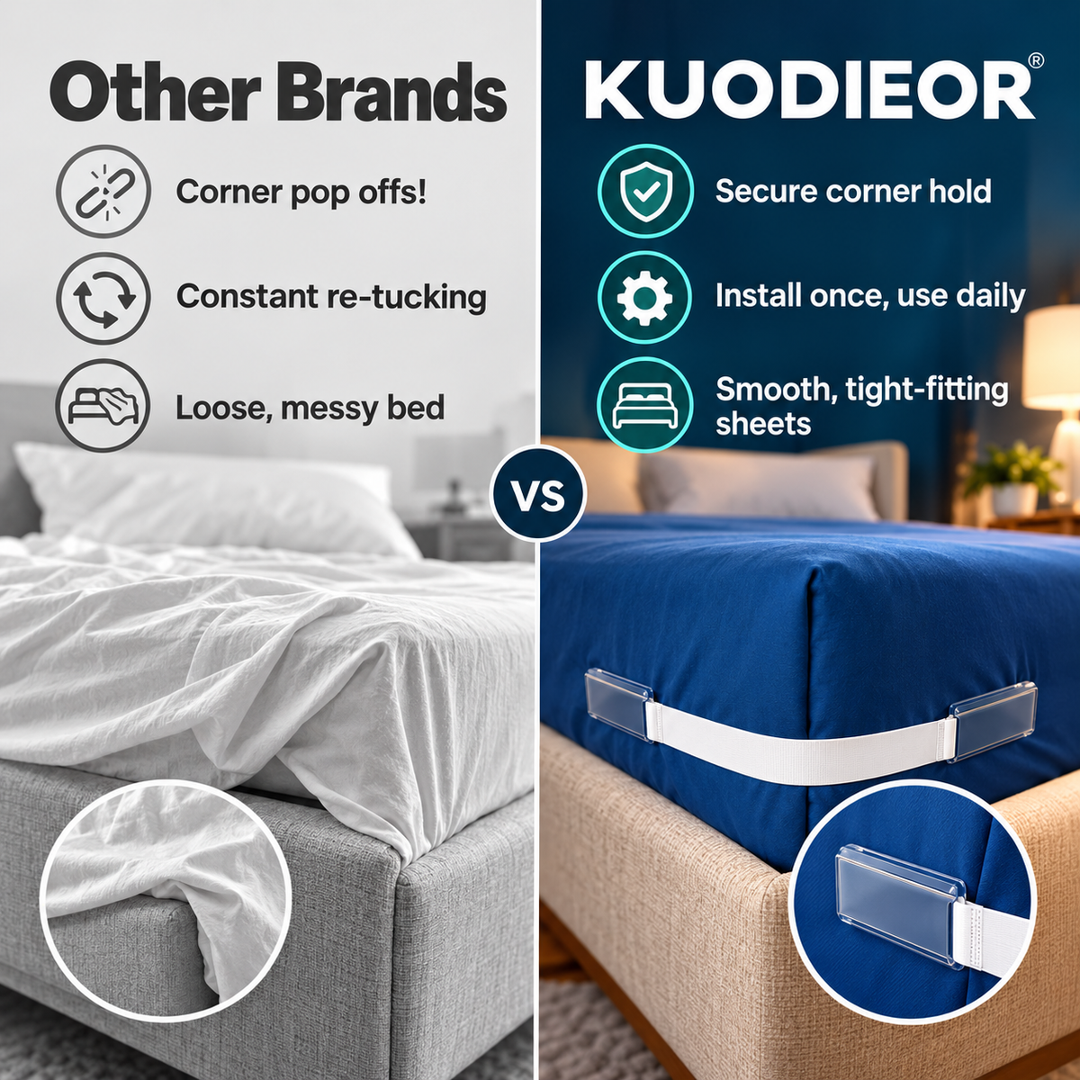 Comparison showing common fitted sheet problems with other brands, including corner pop-offs, frequent re-tucking and loose, messy sheets.