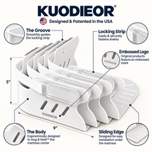KUODIEOR® Grip™ white bed sheet holder with labeled product features including groove, locking strip, embossed logo, body and sliding edge.