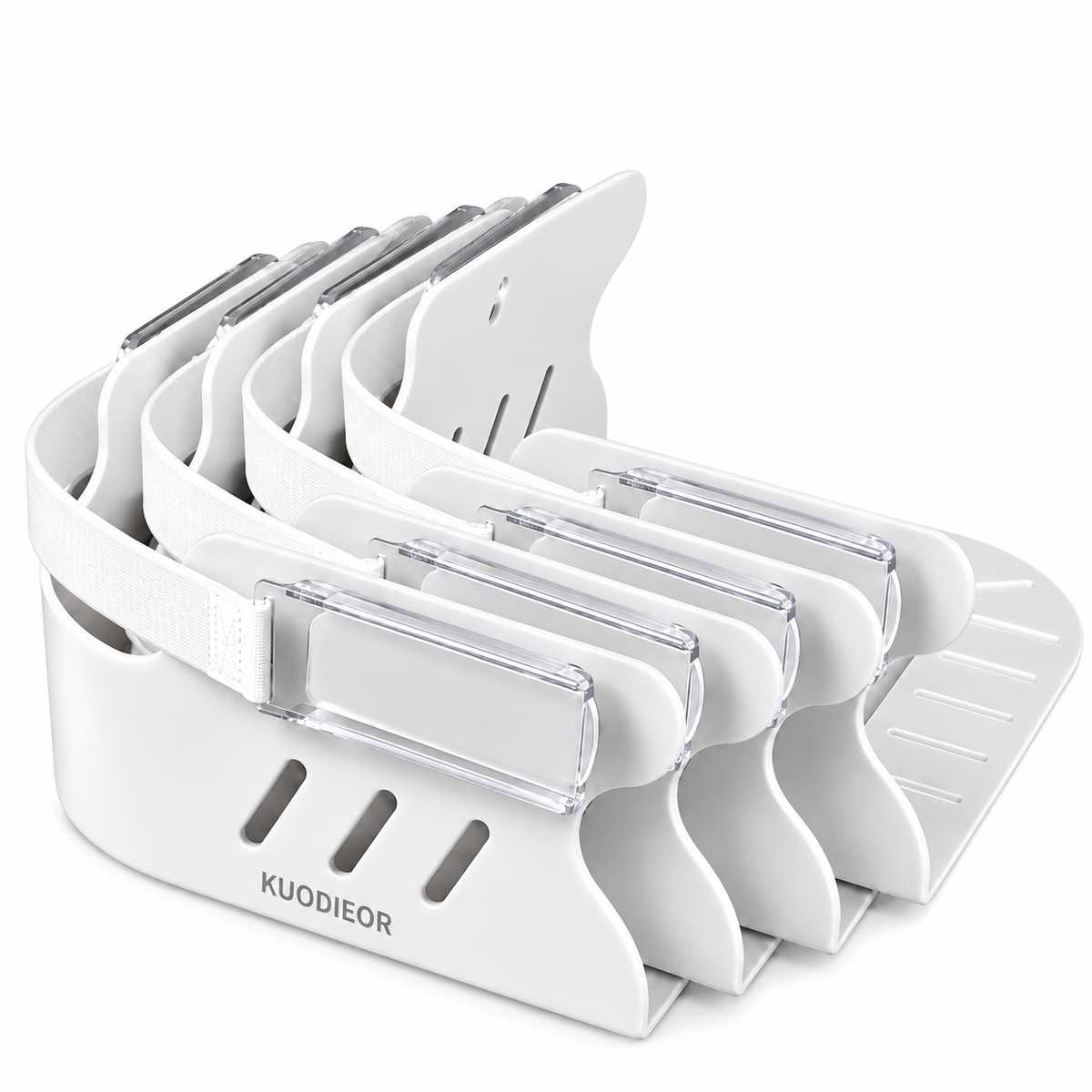 KUODIEOR® Grip™ white bed sheet holders, 4-piece set, displayed on a clean white background.