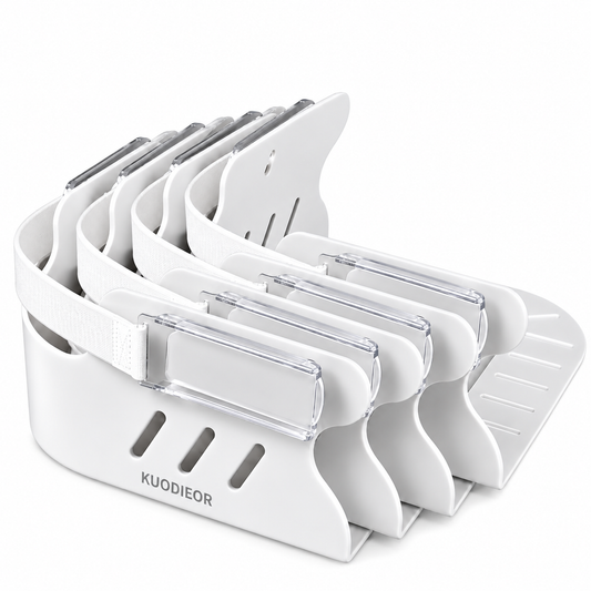 KUODIEOR® Grip™ white bed sheet holders, 4-piece set, displayed on a clean white background.