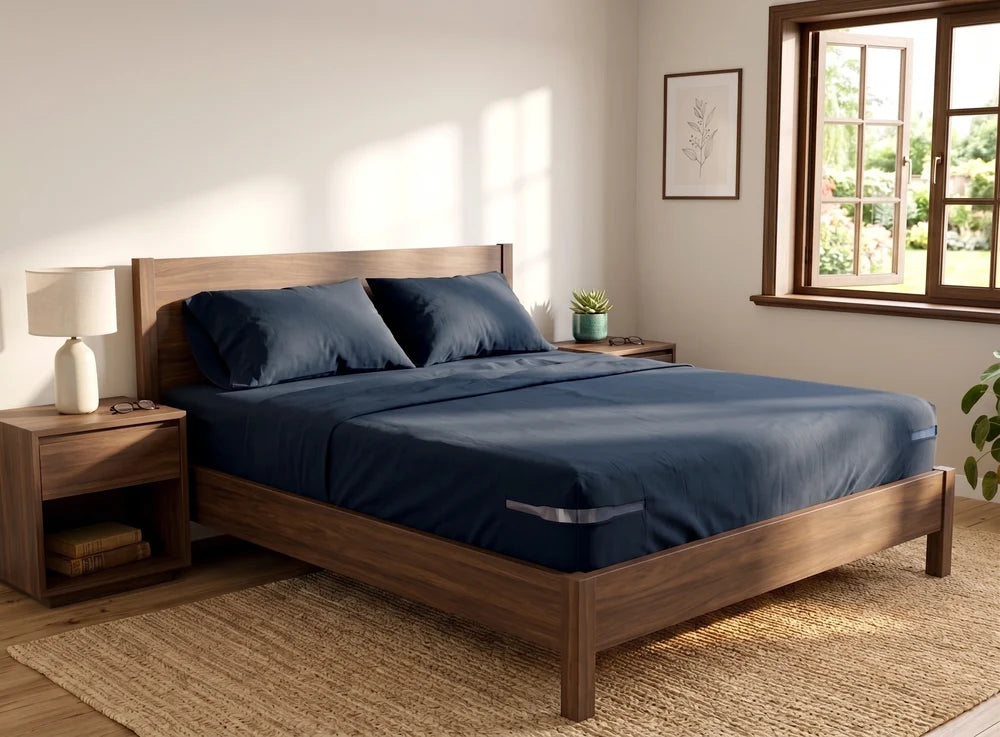 Close-up of KUODIEOR Lock bed sheet holder positioned discreetly around a mattress corner for a clean fitted sheet setup