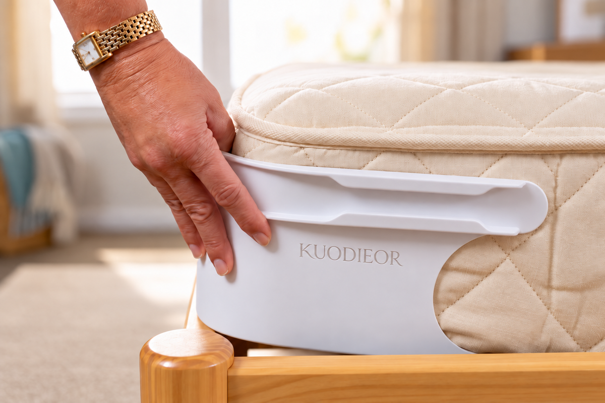 KUODIEOR Lock bed sheet holder installed on a neatly made bed to demonstrate a discreet universal fit across different mattress setups