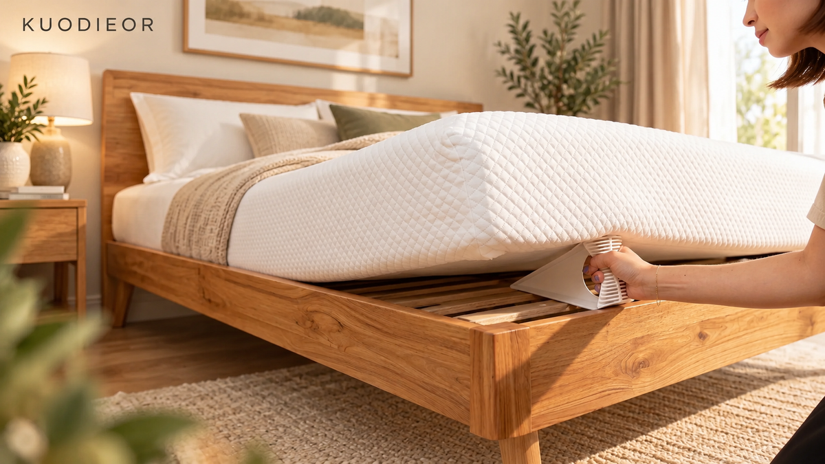 KUODIEOR bed sheet holder being installed under a mattress corner on a wooden bed frame