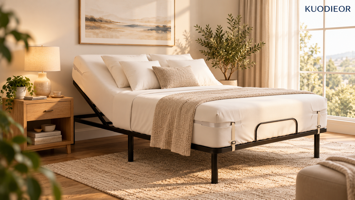 KUODIEOR bed sheet holders on an adjustable hotel-style bed with secure fitted sheets